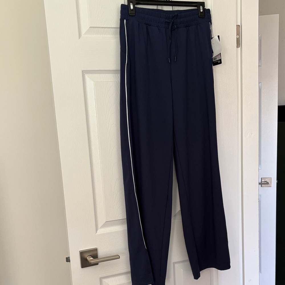 NWT Navy Wide-Leg Track Pants with White Side Stripe